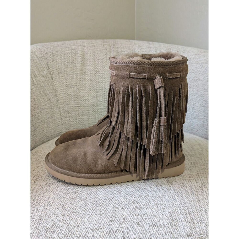 UGG Koolaburra Cable Short Fringe Boho Hippie Prariecore Slipper Boots SZ 7 - Picture 2 of 7